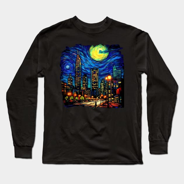 Charlotte Nightfall A 3D Skyline under the Starry Night Long Sleeve T-Shirt by Artwear Cafe